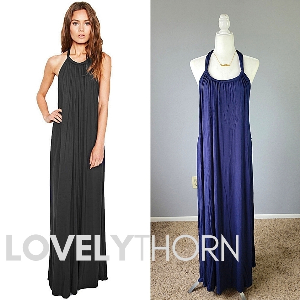 MICHAEL LAUREN // french boho halter open back maxi dress navy blue